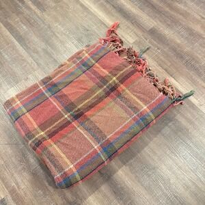 Longaberger Toboso Plaid Throw Blanket Fringe Cotton Blend Red Multi 62x82